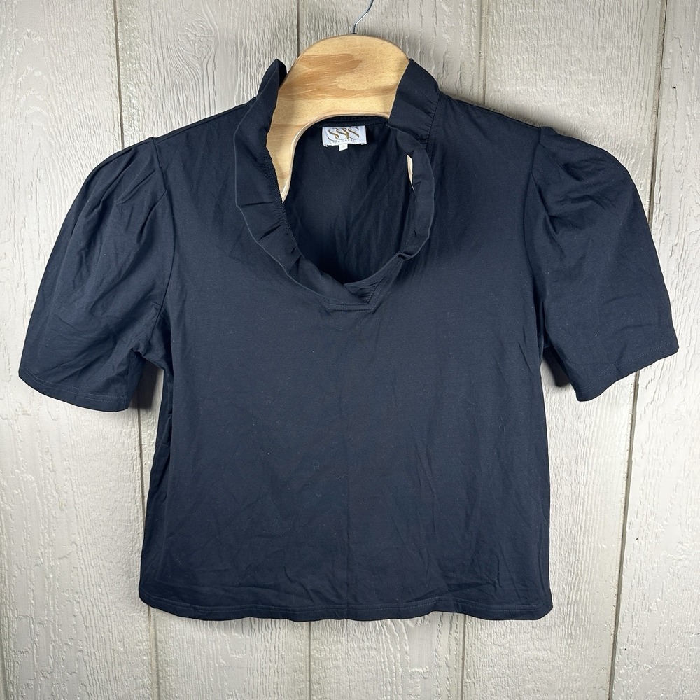 SSYS The Label Ruffle Neck Top Womens Sz XXL 2XL Black Short Sleeve Cotton Blend